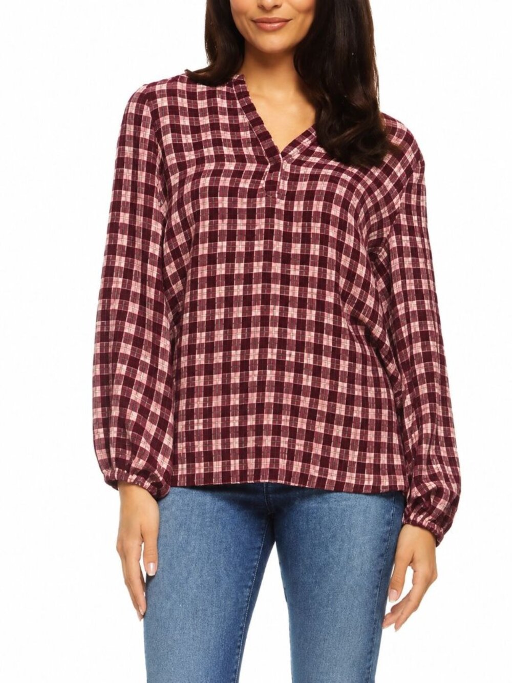 Plaid Burgundy & Pink Womens V-Neck Long Sleeve Blouse By Felina - Size M